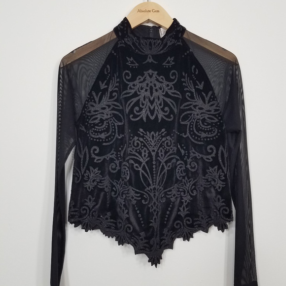 NWT Conrad C Collection Black Velvet Sheer Embellished Indie Sleeze Top shirt M - Picture 1 of 8